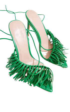 Green Tassel Front Strappy Heeled Sandals | PrettyLittleThing USA