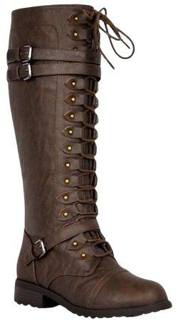 Motive-01 Women Knee High Lace Up Side Zipper Military Combat Flat Boots Brown
