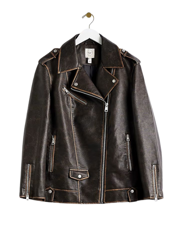 Brown faux leather oversized biker jacket | River Island