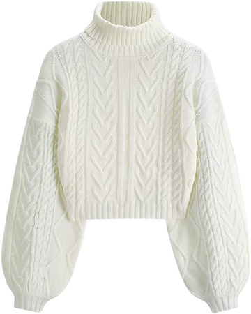 ZAFUL Women's Cropped Turtleneck Sweater Lantern Sleeve Ribbed Knit Pullover Sweater Jumper (4-White, L) at Amazon Women’s Clothing store