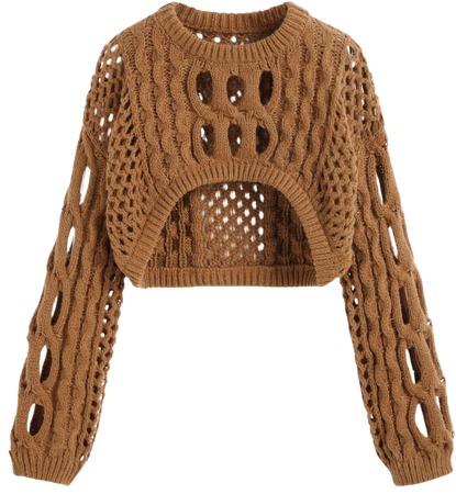 French Riviera Vacation Knit Round Neckline Hollow Out Long Sleeve Crop Top - Cider