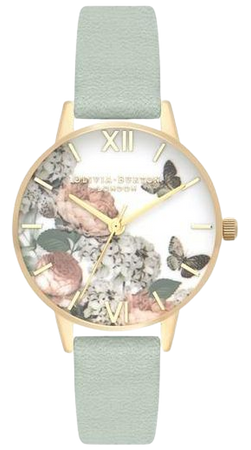 Olivia Burton Signature Floral Leather Strap Watch, 30Mm In Sage/ Floral/ Gold | ModeSens