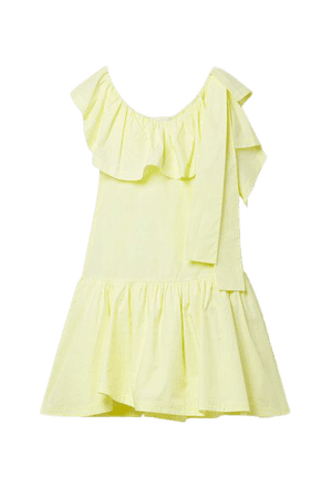Tie-detailed Ruffled Cotton-poplin Mini Dress - Pastel yellow