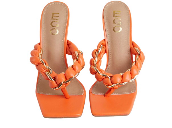Summer-Fling Braided Chain Detail Square Toe Flared Block Heel Mule In Orange Faux Leather | EGO