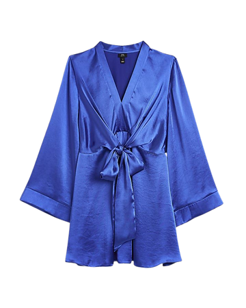 Petite blue satin tie front mini dress | River Island