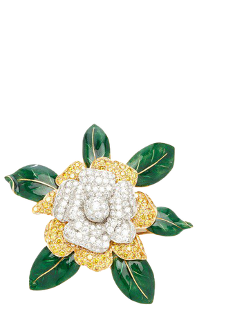 Diamond & Enamel Gardenia Brooch by Oscar Heyman | Moda Operandi