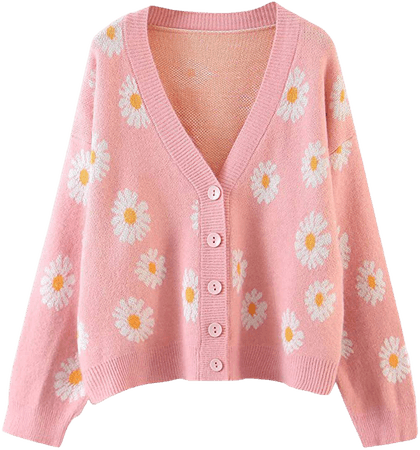Women's Button Down Sweater Knitted V-Neck Long Sleeve Floral Print Casual Loose Cardigan (Pink, One Size, one_Size) at Amazon Women’s Clothing store