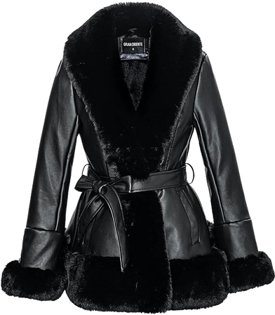 GRAN ORIENTE Women's Faux Leather Jacket with Faux Fur Collar Long Sleeve Parka with Pockets Warm Winter Parka Coat with Belt Plus Size Outerwear GK007-BLACK-M at Amazon Women's Coats Shop