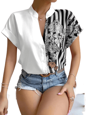 Floral And Striped Print Button Up Shirt | SHEIN USA
