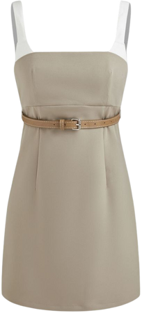 Woven Square Neck Solid Contrasting Binding Mini Dress With Belt - Cider