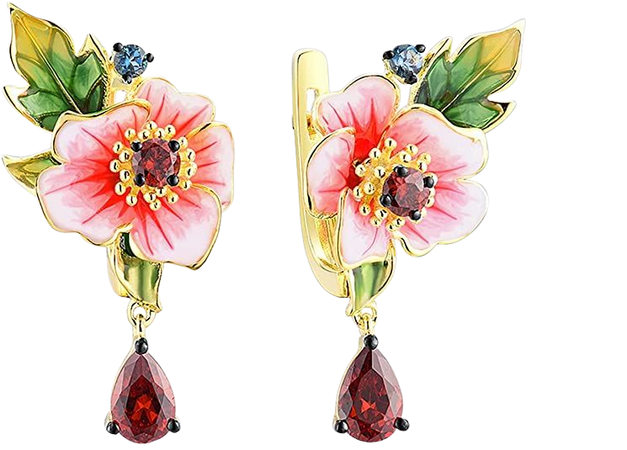 Amazon.com: Santuzza Peony Pink Flower Earrings 925 Sterling Silver Garnet Enamel Leaf Floral Dangle Earrings for Women: Clothing, Shoes & Jewelry
