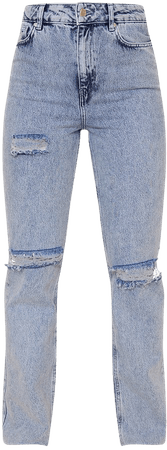 Organic Acid Blue Wash Raw Hem Ripped Long Leg Straight Jeans - Straight Leg Jeans - Jeans - Womens Clothing | PrettyLittleThing USA