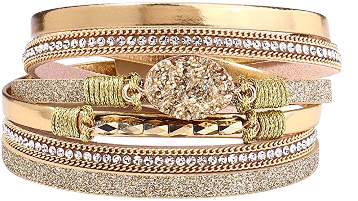 Amazon.com: FANCY SHINY Leather Wrap Bracelet Boho Cuff Bracelets Crystal Bead Bracelet with Magnetic Clasp Jewelry Gifts for Women Teen Girls(14.7", Metal): Clothing, Shoes & Jewelry