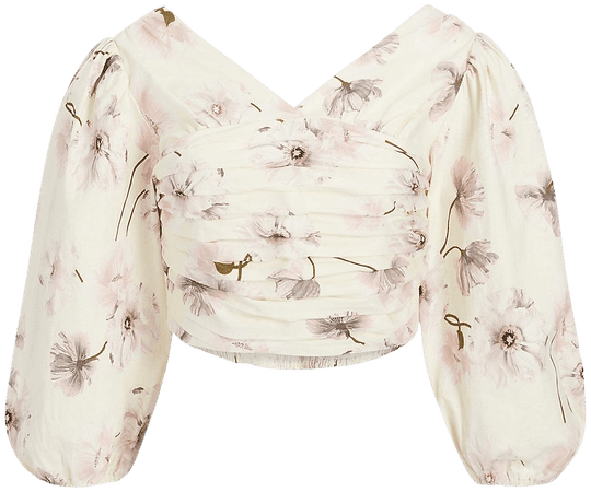 Poppies Print Linen-blend Ruched Cropped Top | Express