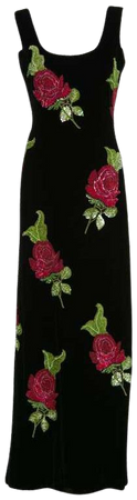 1990s Giorgio Armani Black Velvet Hand Sequined Beaded Roses Evening Dress For Sale at 1stdibs