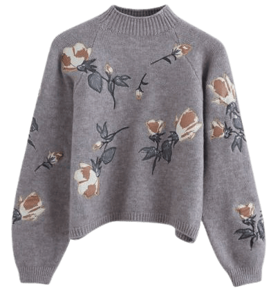 Digital Floral Print Embroidered Knit Sweater in Black - Retro, Indie and Unique Fashion