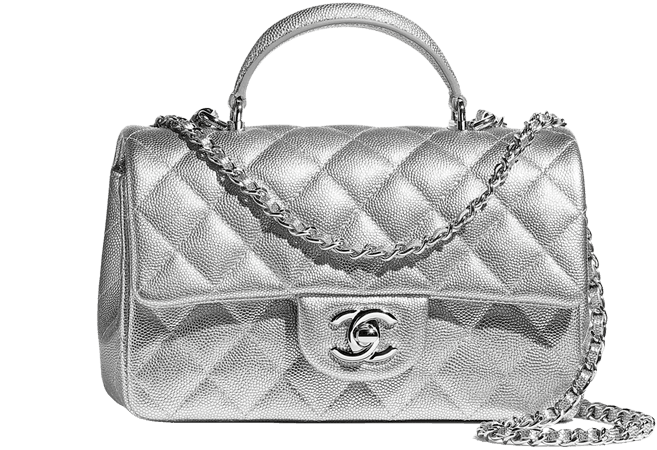 Chanel Silver Quilted Metallic Calfskin Leather Mini Top Handle