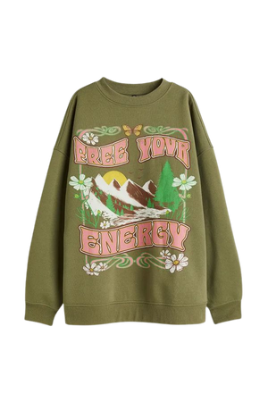 Oversized Printed Sweatshirt - Khaki green/Free Your Energy - Ladies | H&M US
