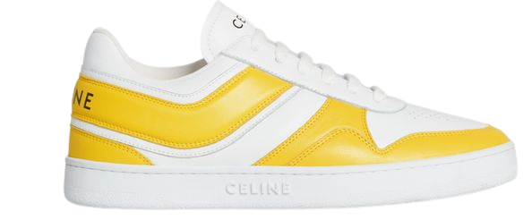 CELINE TRAINER LOW LACE-UP SNEAKER in CALFSKIN - Optic White / Yellow | CELINE