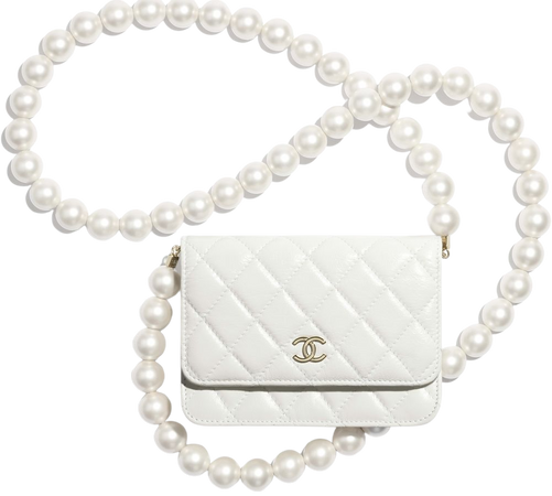 Calfskin, Imitation Pearls & Gold-Tone Metal White Mini Wallet on Chain | CHANEL