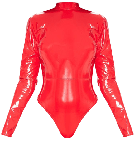 high Red Vinyl High Neck Bodysuit, Tops, PrettyLittleThing