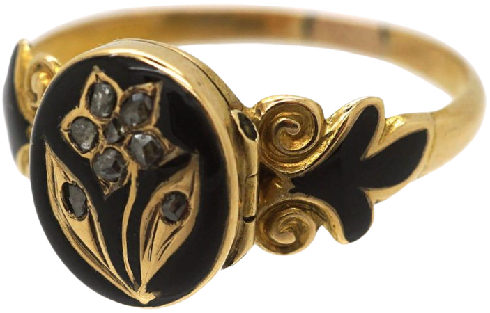 Early Victorian 15ct Gold, Black Enamel & Rose Diamond Pansy Ring with Hidden Compartment - The Antique Jewellery Company