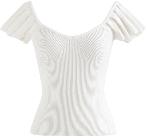 Flutter Sleeve Fitted Ribbed Knit Top in White - Retro, Indie and Unique Fashion