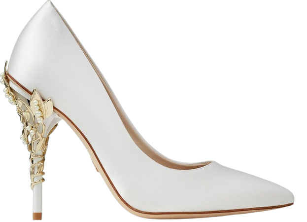 Ralph & Russo | White Satin Eden Heels With Pearls And Gold Leaves
