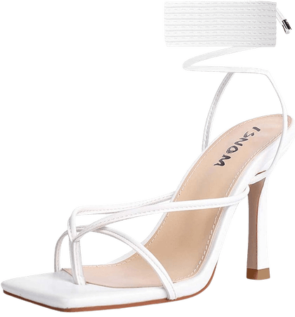 Amazon.com | ISNOM Lace Up Heels Sandals for Women, Square Toe Open Toe Thong Strappy Heels Women's Stiletto Heeled Sandals -White | Heeled Sandals