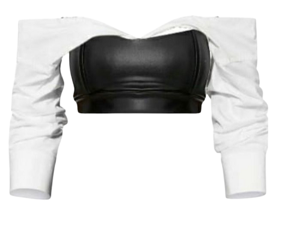 white off the shoulder black leather crop top