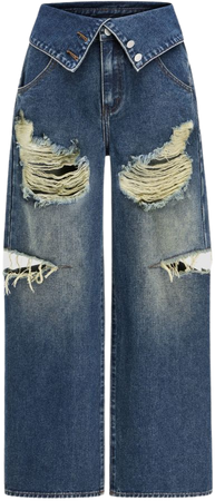 Denim Fold Over High Rise Ripped Wide Leg Jeans - Cider