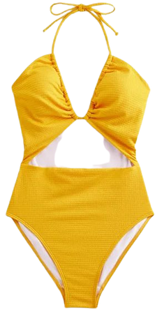 Cutout String Swimsuit - Saffron Yellow Seersucker | Boden US