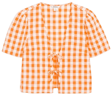 Orange check cropped seersucker tie-front top - Orange check - Monki WW