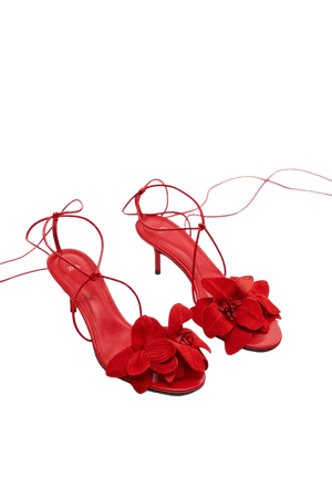 LACE UP FLORAL MID-HEIGHT HEEL SANDALS - Red | ZARA United States