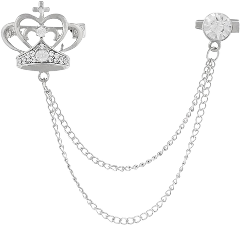 Gadgetsden Men's Corsage Lapel Chain Pin Brooch Crown Silver Suit Shirt Double Tassel Long Chains Brooch