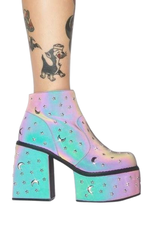 Moon Star Studded Chunky Block Heeled Platform Boots Rainbow Reflective | Dolls Kill