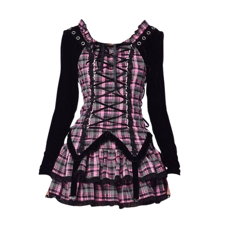 lolita plaid black pink kpop dress lace