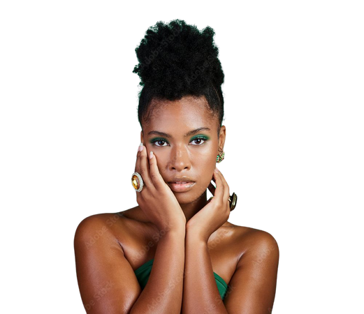 Fashion, beauty and makeup with a black woman or model in studio on a green background for empowerment and equality. Cosmetics, hands and trendy with a beautiful female touching her beautiful face Stock-Foto | Adobe Stock