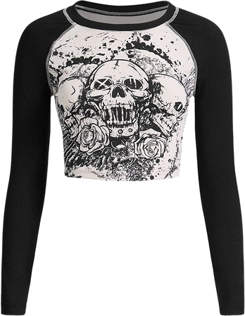 SOLY HUX Women's Y2K Shirt Gothic Long Sleeve Crop Tops Graphic Tees Skull Floral Print T Shirts Grey and Black S at Amazon Women’s Clothing store