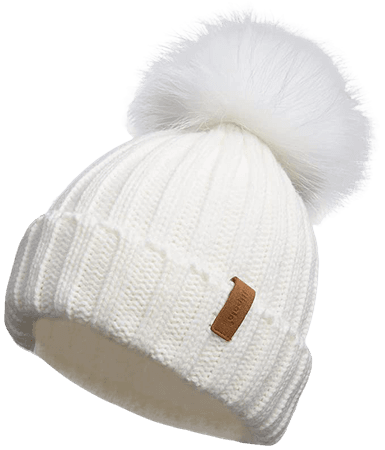 Pilipala Women Winter Knitted Beanie Hat with Fur Pom Bobble Hat Skull Beanie(White) at Amazon Women’s Clothing store