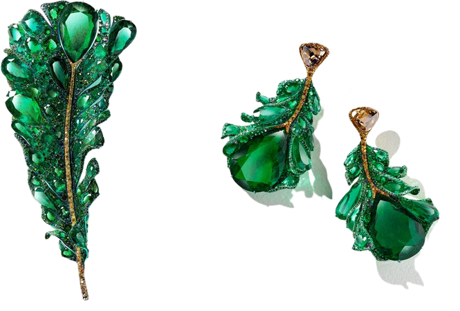 green plumule emerald earrings and brooch set