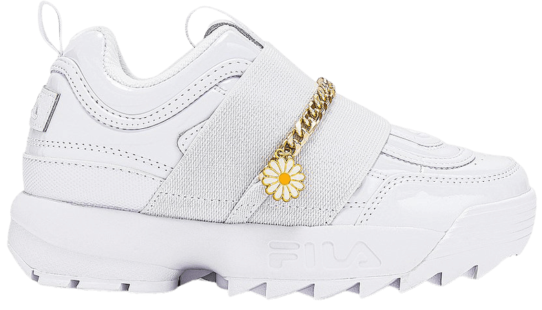 Fila Disruptor II Metal Chain Sneaker in White, White & Metallic Gold | REVOLVE
