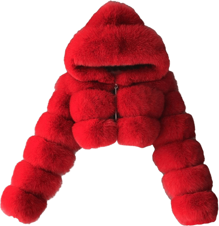 Short Red Faux Fur Hooded Coat with Zipper