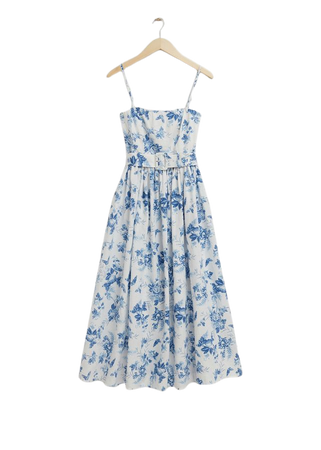 Voluminous Belted Midi Dress - White/Blue Floral Print - Midi dresses - & Other Stories US