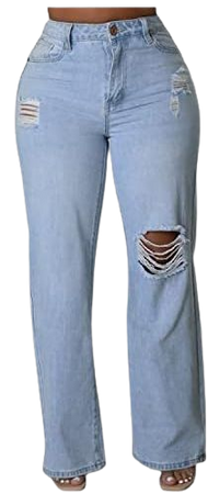 Verdusa Women's Cut Out Ripped High Waist Wide Leg Jeans Loose Denim Pants at Amazon Women's Jeans store