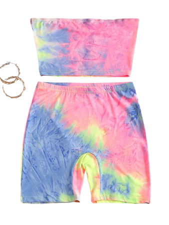 [33% OFF] 2020 Rainbow Tie Dye Bandeau Top And Biker Shorts Set In MULTI-A | ZAFUL