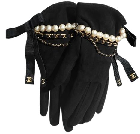Suede Lambskin, Glass Pearls, Grosgrain & Gold-Tone Metal Black Gloves | CHANEL