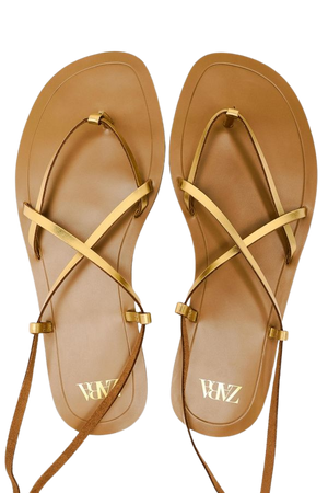 LACE UP TIED FLAT LEATHER SANDALS - Gold | ZARA United States