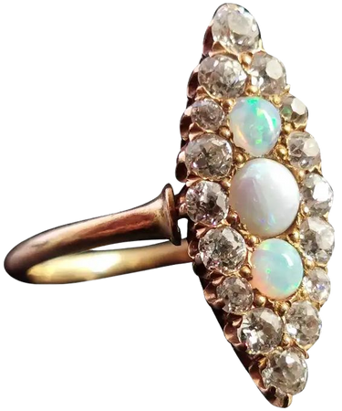 Antique Diamond and Opal Navette Ring, 18 Karat Yellow Gold, Edwardian For Sale at 1stDibs