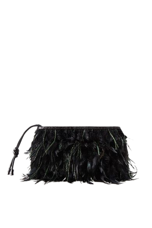 Feather-embellished Croc-effect Leather Clutch - Black